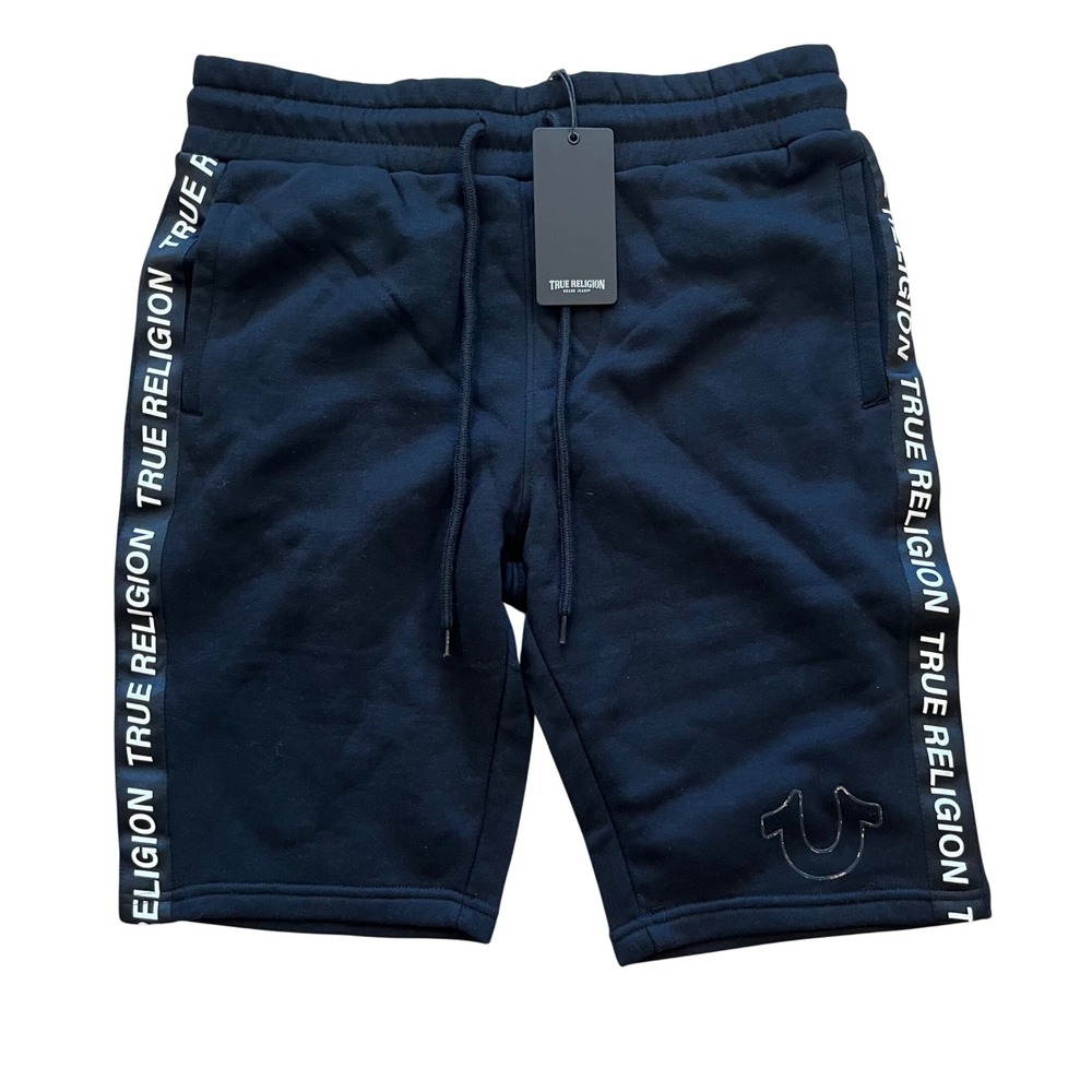 True Religion Mens Silicone Tape Logo Sweat Shorts Jet Black 700500 Size M NEW